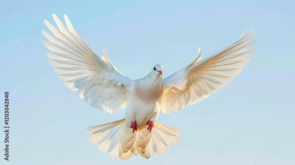 Obraz premium A majestic white dove soars gracefully against a clear blue sky. Sunlight glistens on its feathers, a symbol of peace. Its wings spread wide in serene flight.