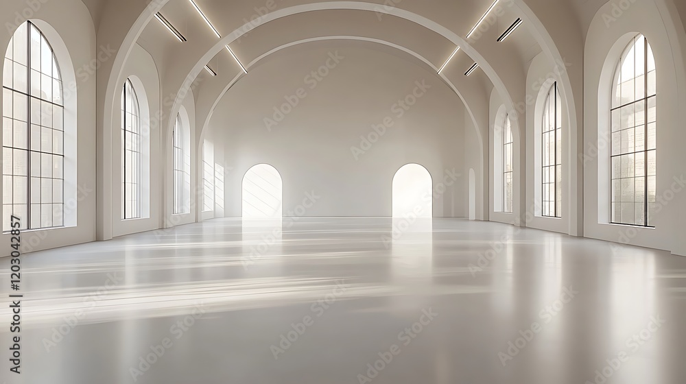 3D rendering of an empty, white, large studio with arched windows and high ceilings. The floor is painted in a glossy light gray, and the walls have a minimalistic design 3D rendering of an empty, white, large studio with arched windows and high ceilings. The floor is painted in a glossy light gray, and the walls have a minimalistic design