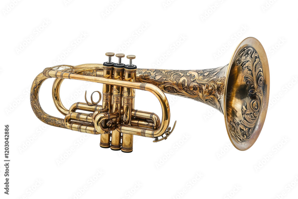 Obraz premium Brass trumpet with intricate engravings resting on a white background
