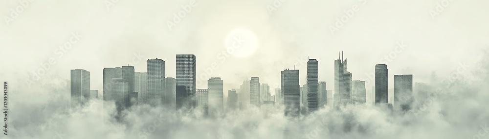 City skyline emerging from fog with a bright sun in the background. City skyline emerging from fog with a bright sun in the background.
