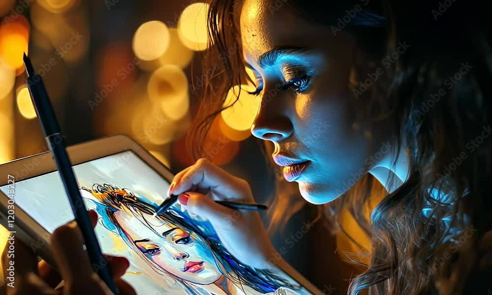 A woman creates digital art on a tablet, highlighting her focus and creativity.