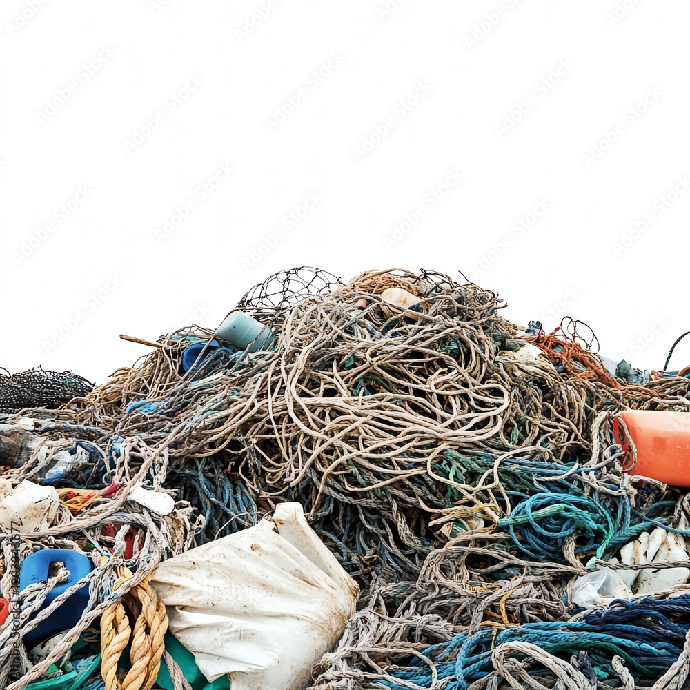 Discarded fishing nets and ropes, white isolate background Discarded fishing nets and ropes, white isolate background