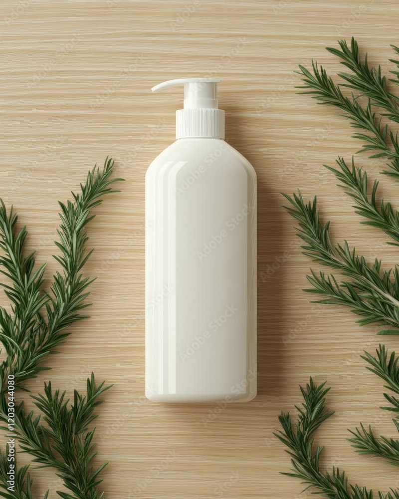 White cosmetic bottle with rosemary on wood White cosmetic bottle with rosemary on wood