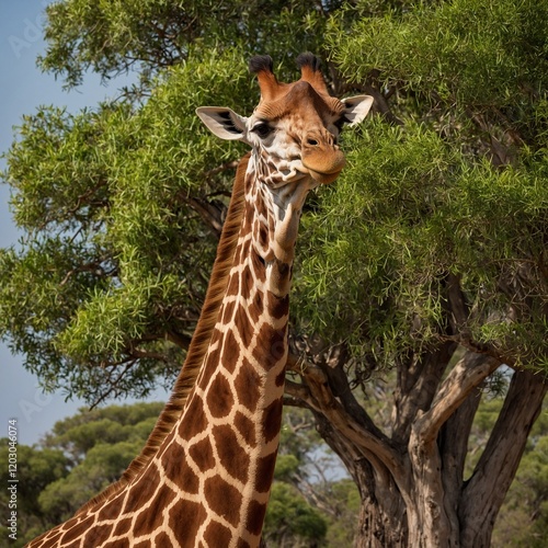 Giraffe, tallest animal. Säugetiere - Giraffenfamilie schaut im Schatten großer Bäume. Young giraffe at the zoo
