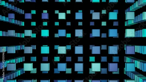 Abstract teal and blue cubes receding into a dark background; digital art for tech presentations