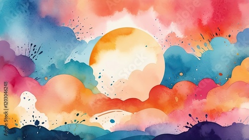 Vibrant abstract watercolor texture with bold splashes and drips, resembling a sunrise.