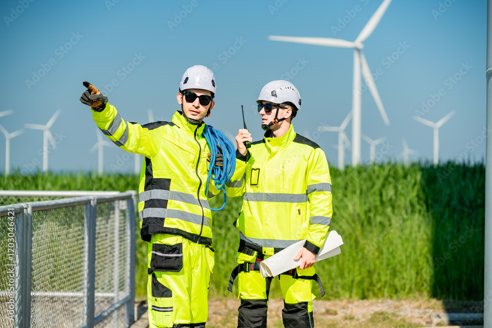 Two workers in safety gear discussing project details near wind turbines under a blue sky in a green field Two workers in safety gear discussing project details near wind turbines under a blue sky in a green field