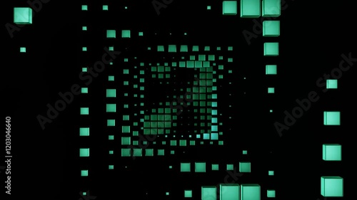 Green digital cubes swirling in a dark space, forming a vortex, used for technological backgrounds