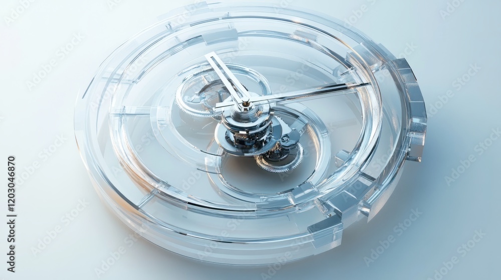 A modern 3D-rendered clock with transparent elements and metallic highlights, creating a futuristic look, on white A modern 3D-rendered clock with transparent elements and metallic highlights, creating a futuristic look, on white