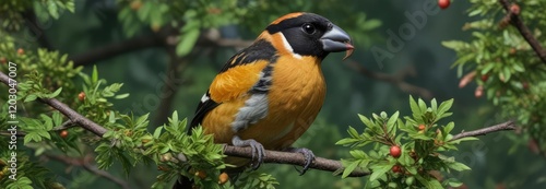 Black headed grosbeak eating a berry from a shrub in the forest, nature photography, foraging behavior, shrub photo