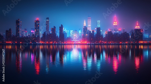 Neon Cityscape Night Reflection Waterfront Ferris Wheel