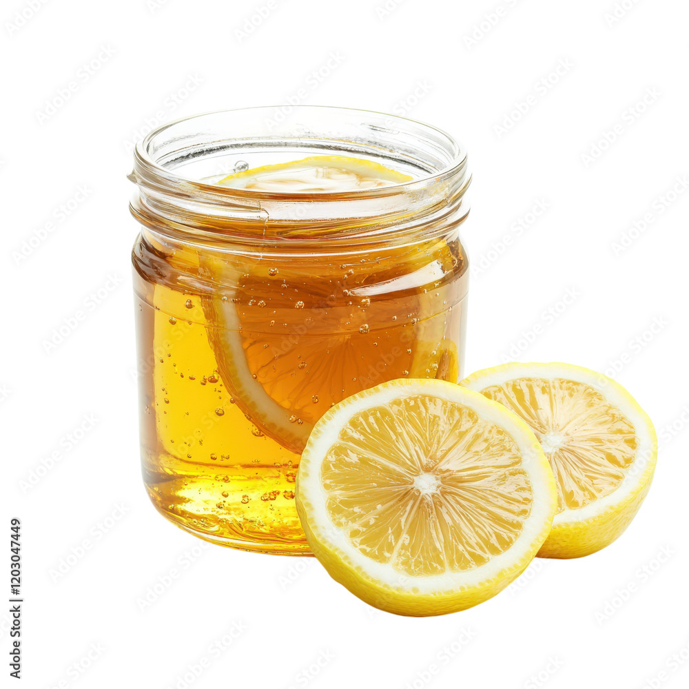 Fresh honey in glass jar with lemon slices beside it, creating refreshing and vibrant display. Perfect for sweetening beverages or as natural remedy Fresh honey in glass jar with lemon slices beside it, creating refreshing and vibrant display. Perfect for sweetening beverages or as natural remedy