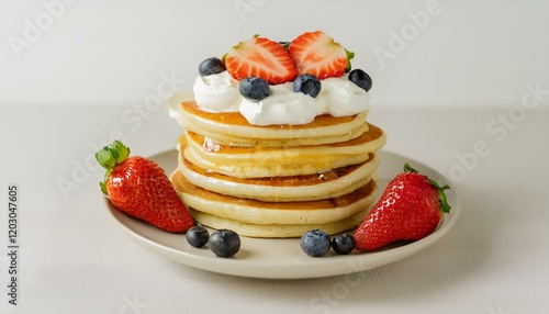 Pancakes decorated with cream and fruit photo