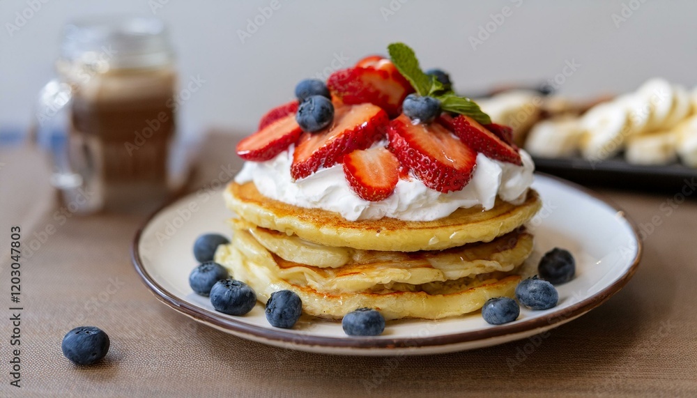 Pancakes decorated with cream and fruit Pancakes decorated with cream and fruit