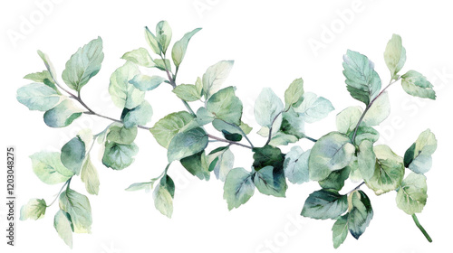 Fresh green mint leaves illustrated in soft watercolor tones, creating calming and natural aesthetic. Perfect for botanical designs and nature themed projects