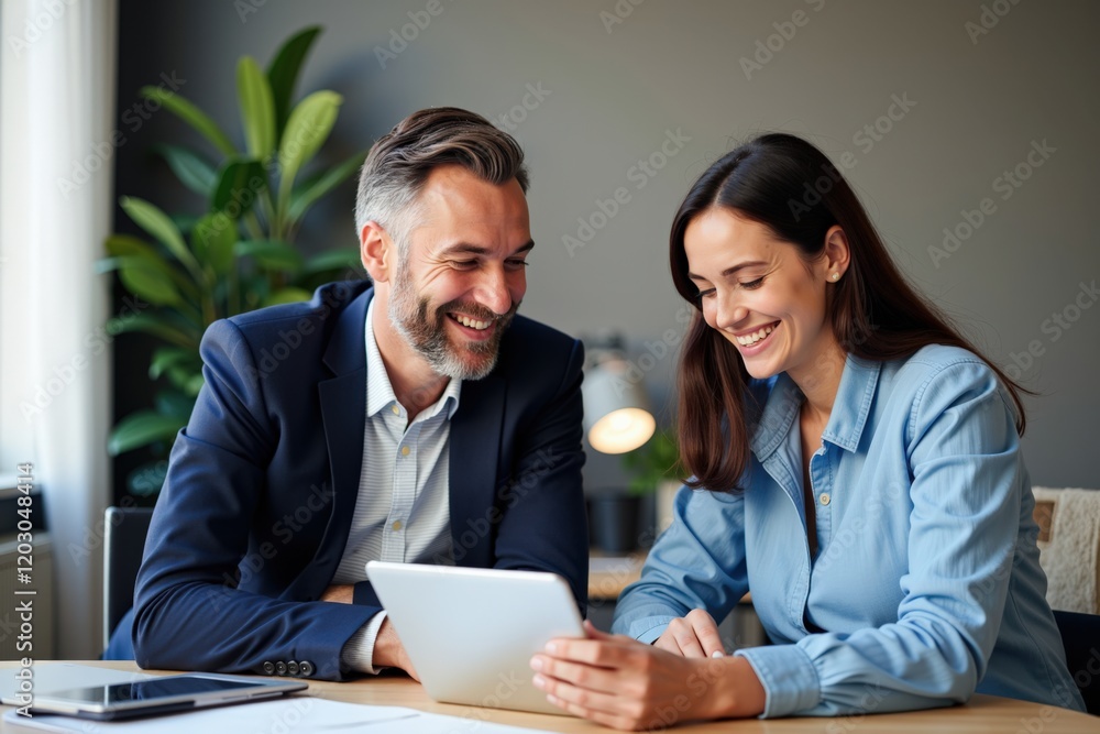 Fototapeta premium Professional Couple Collaborating on Digital Tablet in Modern Office Setting, Engaging in Productive Conversation and Teamwork