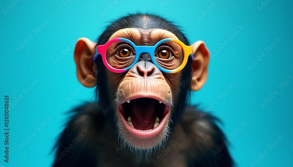 A Playful Chimpanzee in Colorful Glasses A Playful Chimpanzee in Colorful Glasses
