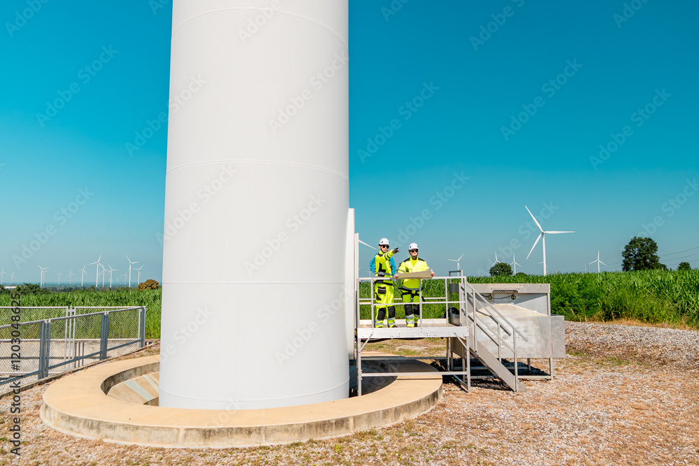 Technicians inspect wind turbine in sunny weather at renewable energy site during afternoon hours Technicians inspect wind turbine in sunny weather at renewable energy site during afternoon hours