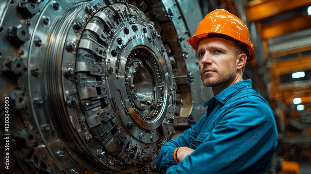 Factory worker, serious expression, large machine, industrial background, safety gear Factory worker, serious expression, large machine, industrial background, safety gear