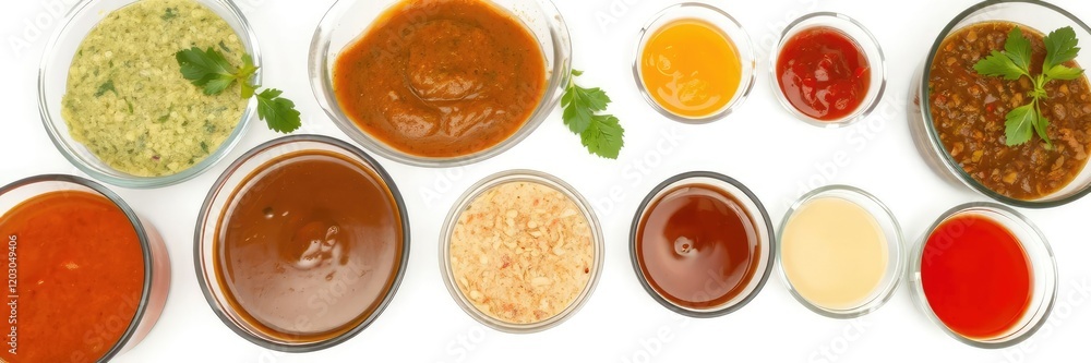 Assorted sauces in various containers isolated on white background, condiments, flavoring Assorted sauces in various containers isolated on white background, condiments, flavoring