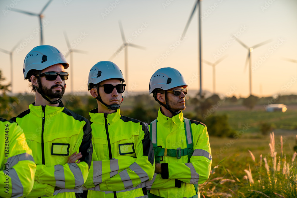 Fototapeta premium Wind energy workers observe turbines at sunset in a renewable energy farm site