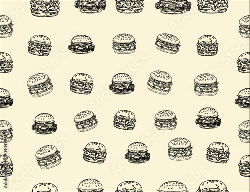 doodle burger pattern background. doodle fast food burger seamless pattern background. seamless pattern of hamburger in doodle style. Seamless Pattern of a Cheese Burger or Hamburger.