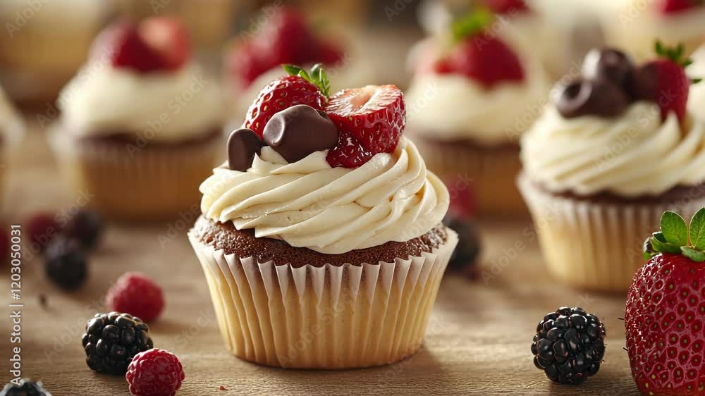 Close-up of cupcakes with various fillings and decorations, including white frosting, chocolate decor, fresh strawberries, or other fruits, displayed on an elegant wooden table. Close-up of cupcakes with various fillings and decorations, including white frosting, chocolate decor, fresh strawberries, or other fruits, displayed on an elegant wooden table.