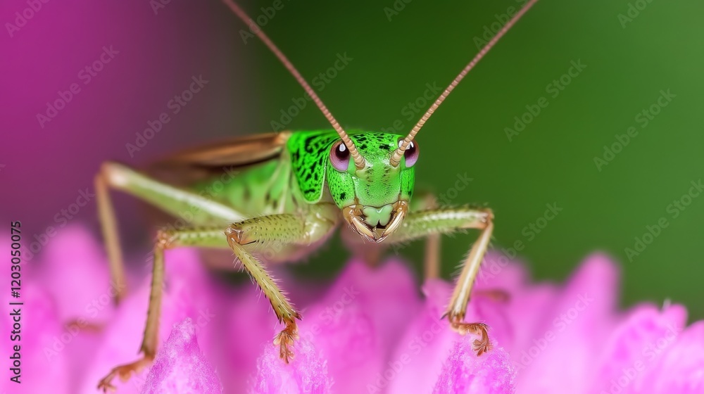 A close-up of a vibrant green grasshopper perched on a pink flower. A close-up of a vibrant green grasshopper perched on a pink flower.