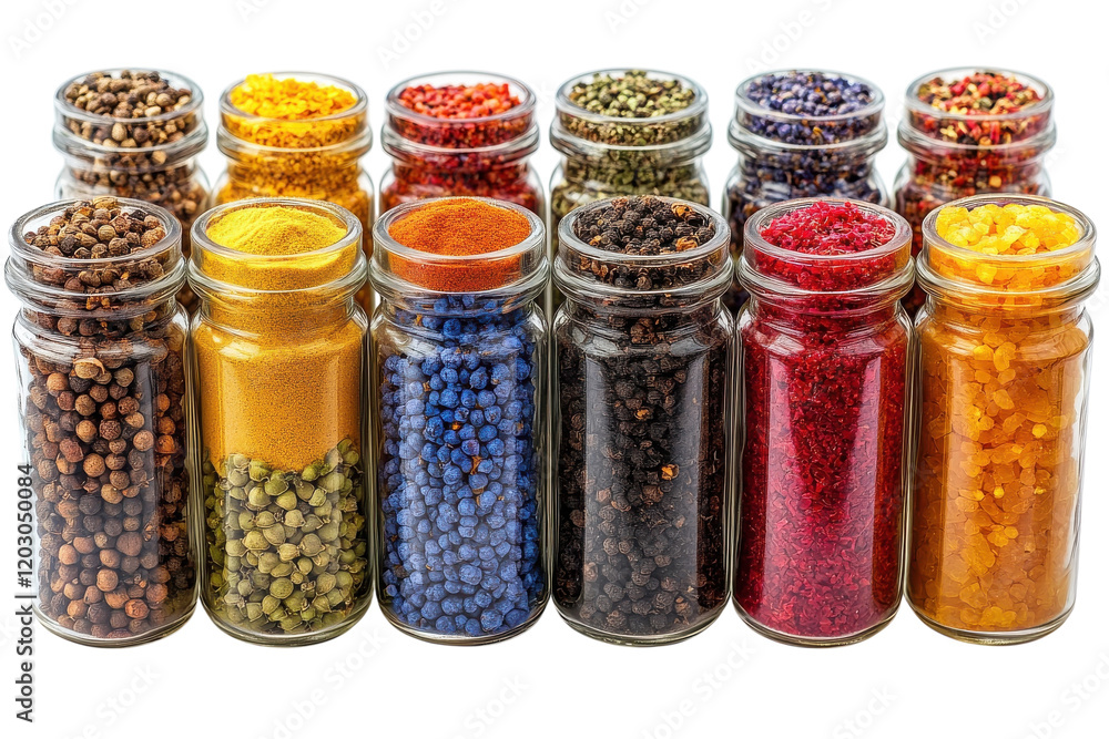 Variety of colorful spices displayed in glass jars on a white surface Variety of colorful spices displayed in glass jars on a white surface