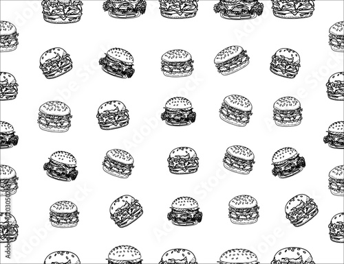 doodle burger pattern background. doodle fast food burger seamless pattern background. seamless pattern of hamburger in doodle style. Seamless Pattern of a Cheese Burger or Hamburger.