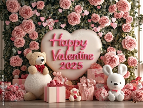 Romantic Valentine s Day 2025 Gift Scene Roses Teddy Bear Bunny photo