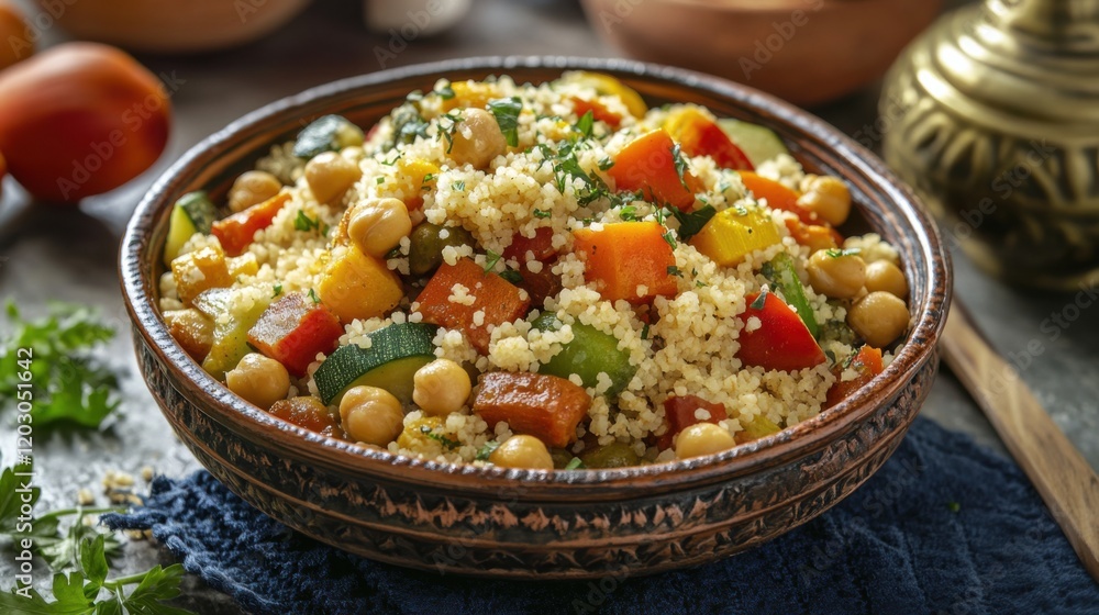Traditional Moroccan couscous with vegetables and chickpeas. Featuring a flavorful and nutritious dish. Highlighting the texture and ingredients of the couscous. Ideal for food and cultural themes. Traditional Moroccan couscous with vegetables and chickpeas. Featuring a flavorful and nutritious dish. Highlighting the texture and ingredients of the couscous. Ideal for food and cultural themes.