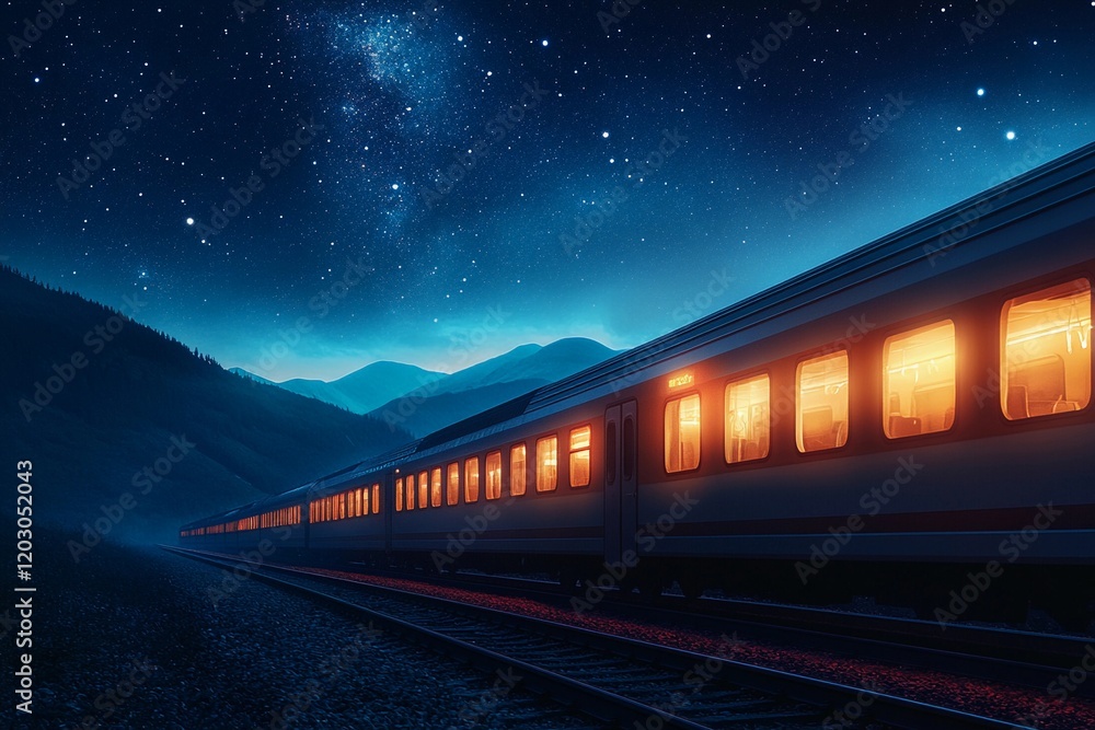 A night train traveling under a starry sky with warm lighting. A night train traveling under a starry sky with warm lighting.