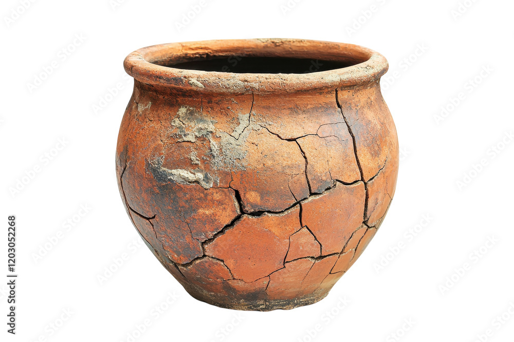 Cracked clay pot displaying weathered texture and earthy tones in a rustic setting Cracked clay pot displaying weathered texture and earthy tones in a rustic setting