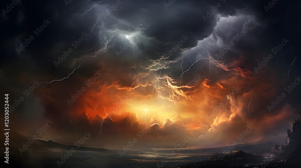 Fototapeta premium Dramatic rainbow cutting through a backdrop of dark ominous storm clouds creating a powerful and natural scene in a moody atmospheric landscape