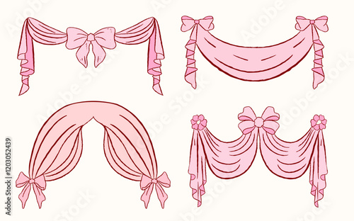 Coquette Vintage bows frame for greeting cards, wedding and birthday party, , invitations in cute elegant coquette style. Hand drawn ribbons border illustration for social media decoration template