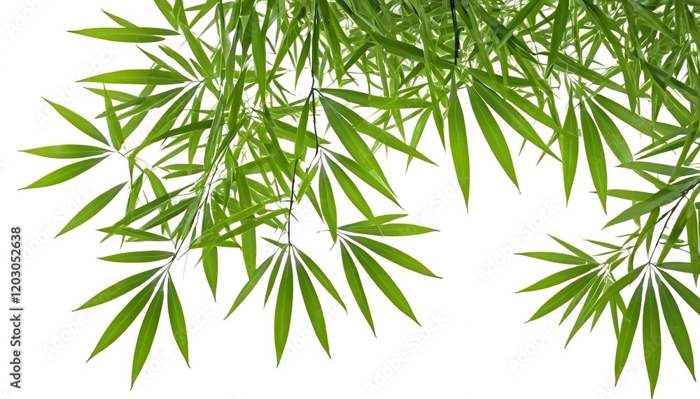 Obraz premium Fresh green bamboo leaves, vibrant foliage, isolated on white background.