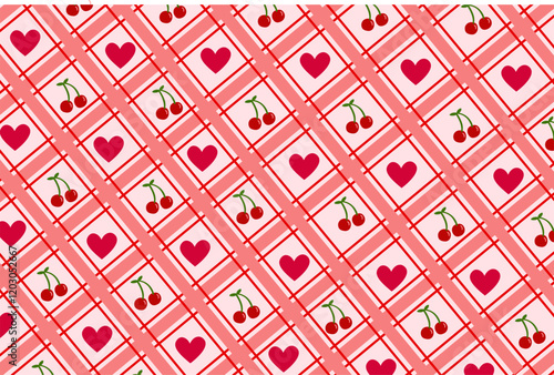 Hearts and cherries seamless pattern. For valentines day print, wrapping paper and fabric. vector