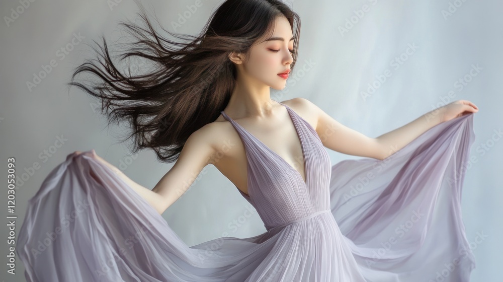 Woman in Flowing Lavender Dress Posing Gracefully Woman in Flowing Lavender Dress Posing Gracefully