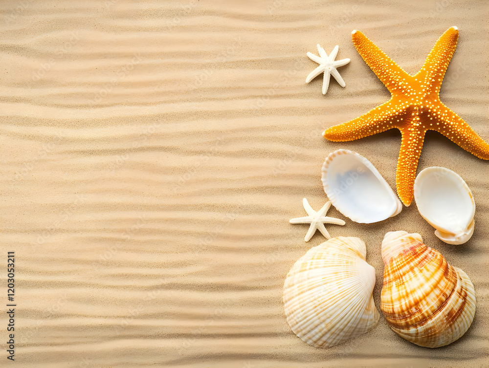 Seashells and Starfish on Sandy Beach Background Seashells and Starfish on Sandy Beach Background