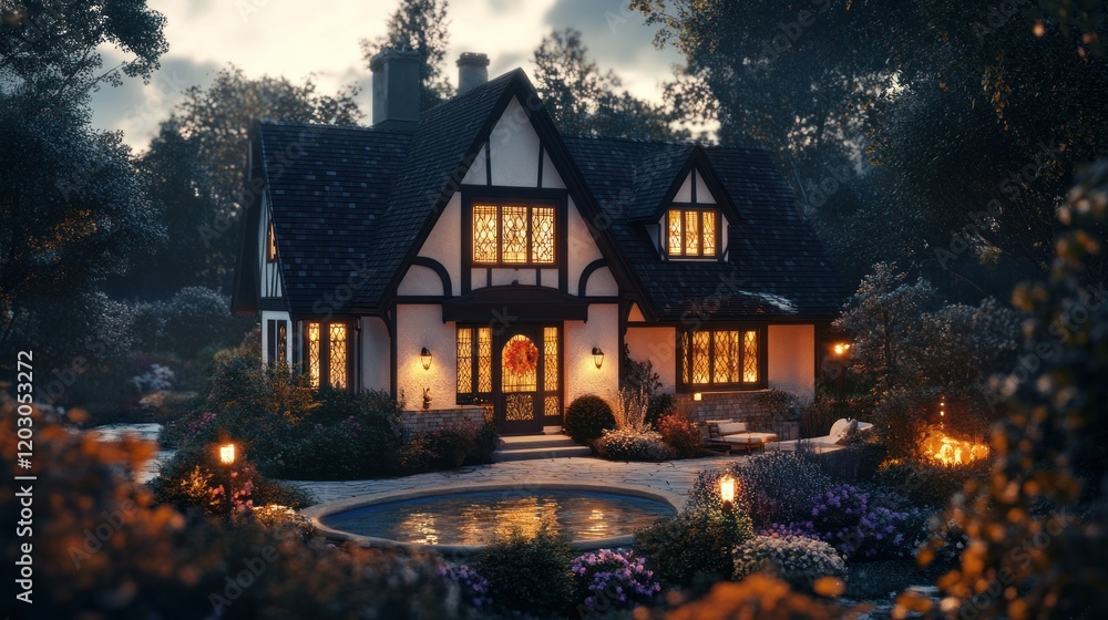 A 3D rendering of a cozy Tudor-style house with fairy roofs, a glowing pool, black and white exterior, and warm garden lighting, perfect for sale or rent, 4K photorealistic A 3D rendering of a cozy Tudor-style house with fairy roofs, a glowing pool, black and white exterior, and warm garden lighting, perfect for sale or rent, 4K photorealistic