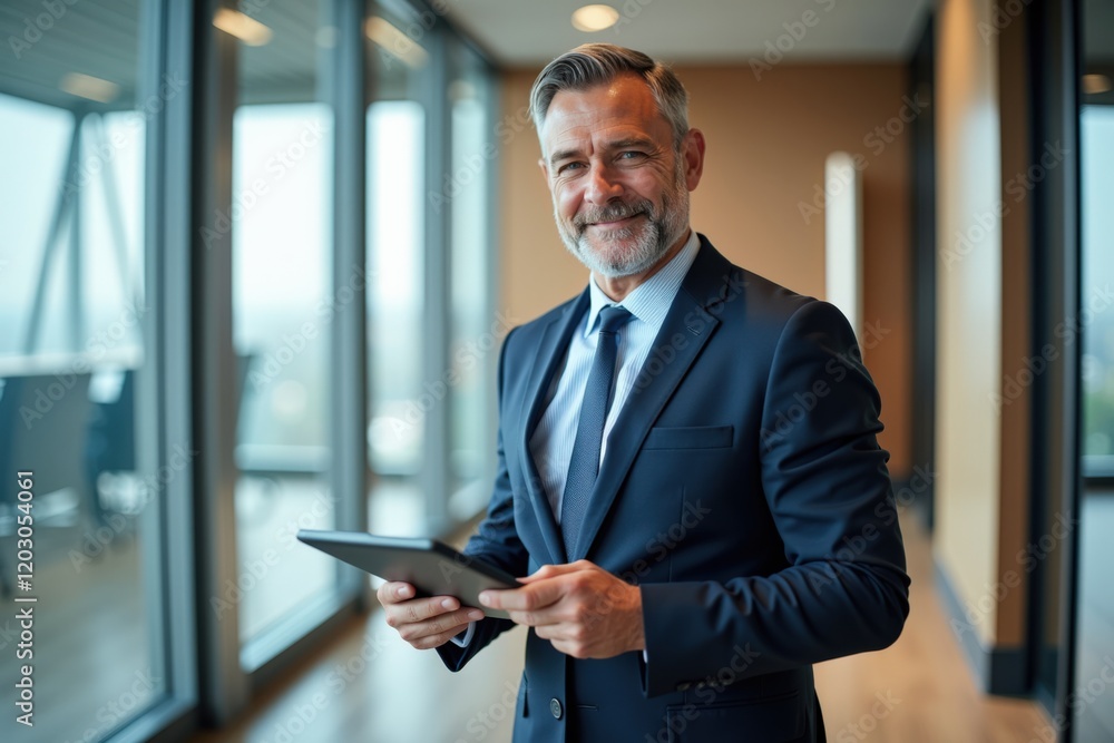 Confident Businessman Holding Tablet in Modern Office Environment with Panoramic City View, Showcasing Professionalism and Leadership Confident Businessman Holding Tablet in Modern Office Environment with Panoramic City View, Showcasing Professionalism and Leadership