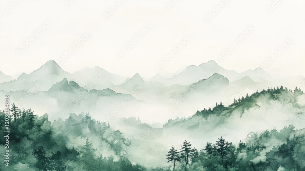 Obraz premium Watercolor of landscape forest misty mountains horizon and fog and hills,pine tree fir tree,Autumn forest background,drawn by hand,Autumn illustration design elements for landscape,wallpaper.