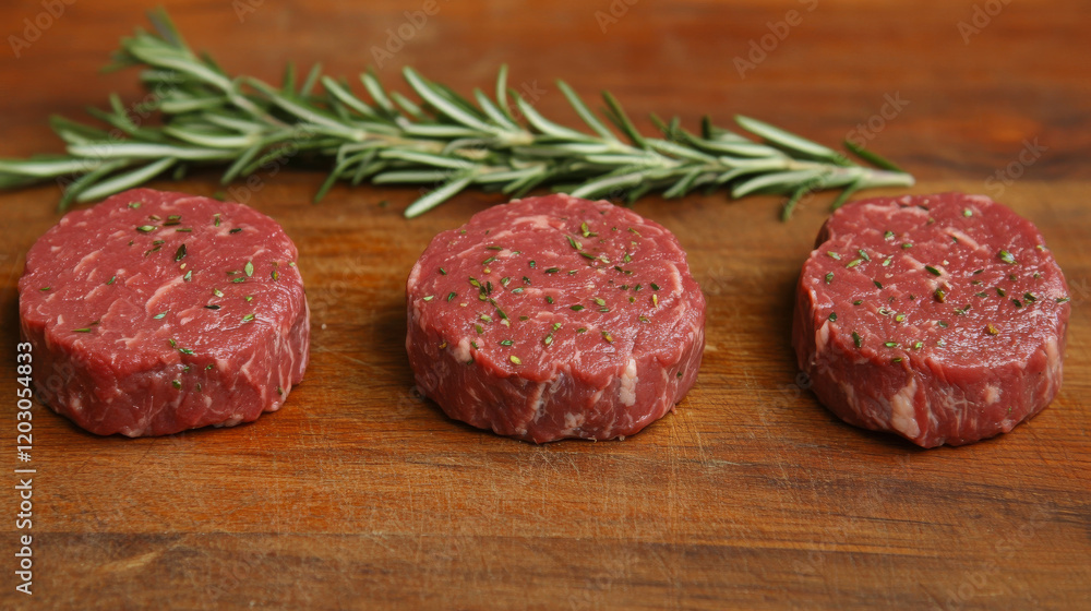 Three Seasoned Beef Filet Mignons on Wooden Board with Rosemary Three Seasoned Beef Filet Mignons on Wooden Board with Rosemary