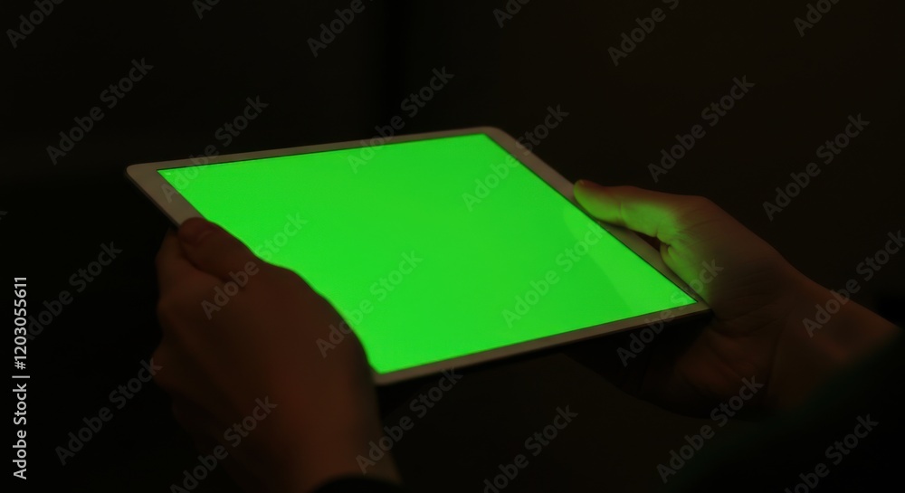 Hands holding a tablet computer with a green screen against a dark background. Ideal for showcasing apps, websites, or presentations Hands holding a tablet computer with a green screen against a dark background. Ideal for showcasing apps, websites, or presentations