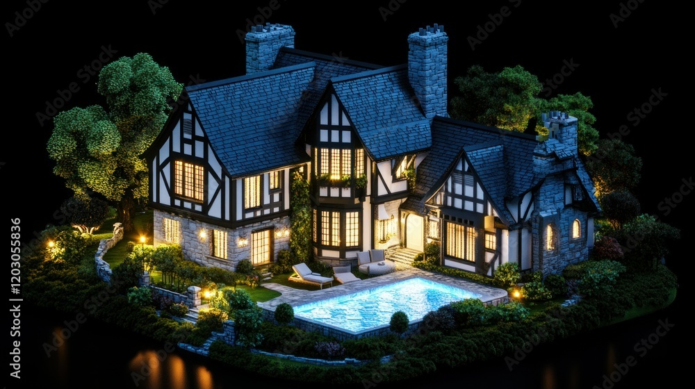 A charming Tudor-style home with a fairy-tale roof, white and black finishes, a glowing pool, and lush landscaping illuminated at night, isolated on black, 4K render A charming Tudor-style home with a fairy-tale roof, white and black finishes, a glowing pool, and lush landscaping illuminated at night, isolated on black, 4K render