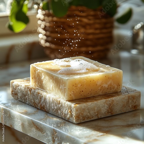 Wet soap bar on marble soap dish. photo