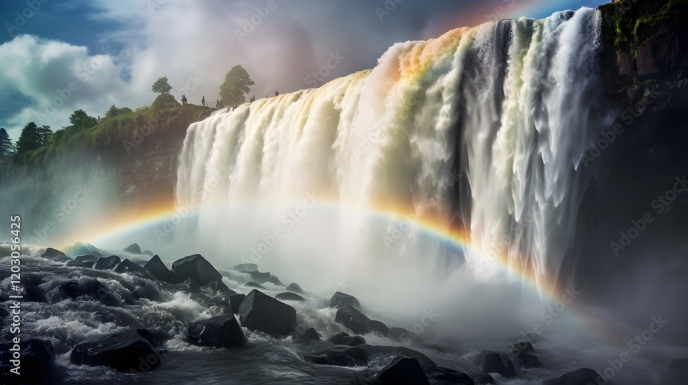 Captivating fusion of a powerful waterfall cascading into a misty abyss with a vibrant rainbow blending seamlessly into the ethereal scene creating a breathtaking and visually striking natural wonder Captivating fusion of a powerful waterfall cascading into a misty abyss with a vibrant rainbow blending seamlessly into the ethereal scene creating a breathtaking and visually striking natural wonder