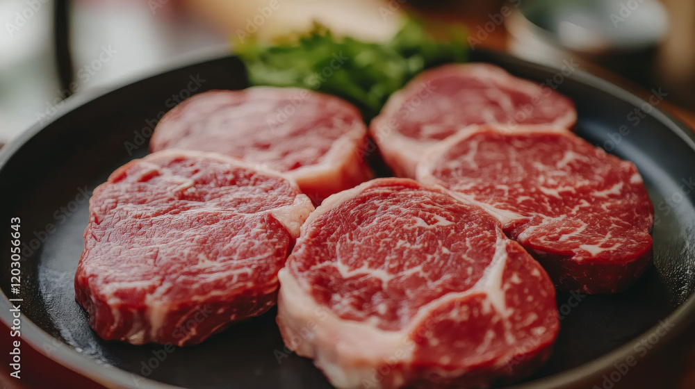 Raw Beef Steaks in a Pan, Ready for Cooking Raw Beef Steaks in a Pan, Ready for Cooking