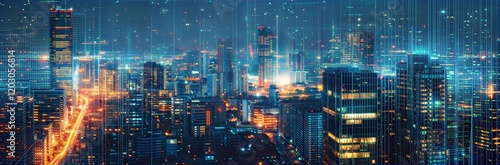 Wallpaper Mural Breathtaking Cityscape Panorama at Night with Vibrant Lights background.  Torontodigital.ca